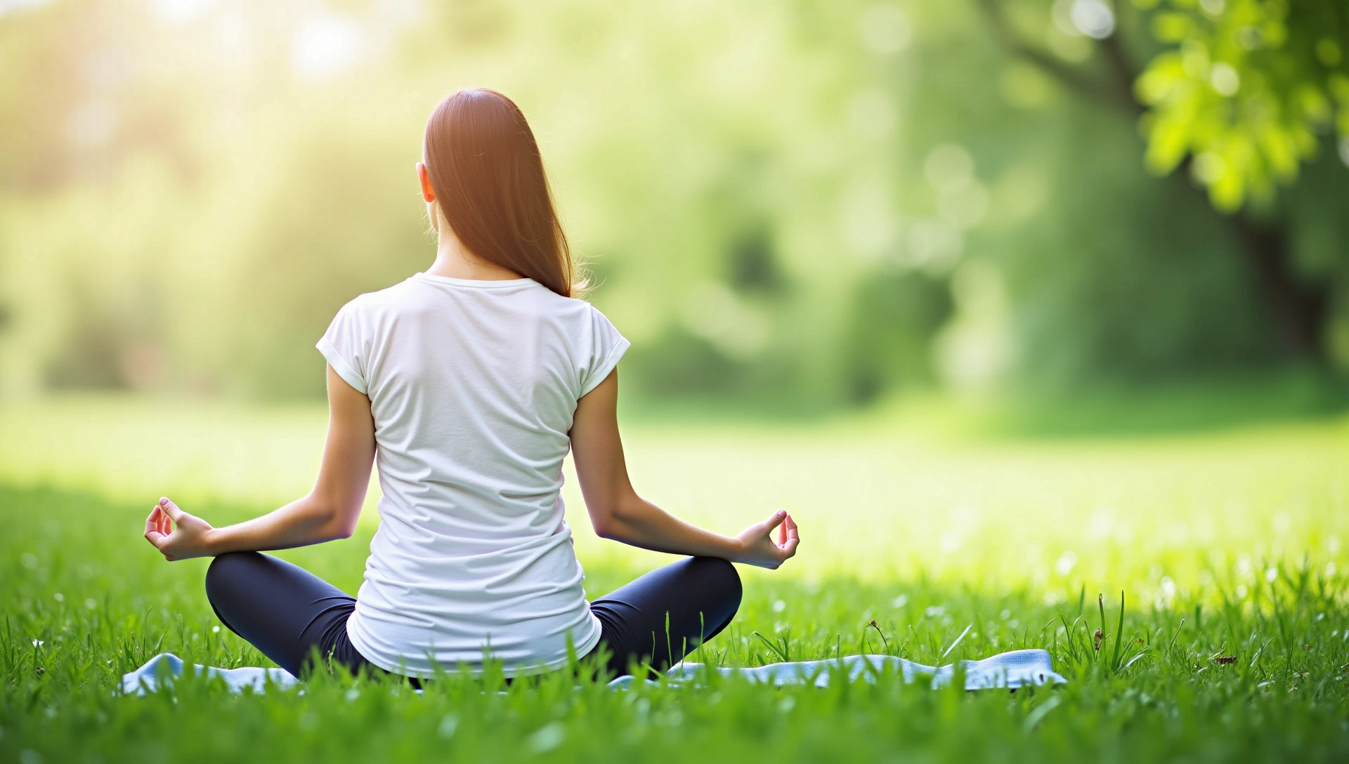A serene image of a person meditating or doing yoga in a natural, green environment, symbolizing holistic wellness.