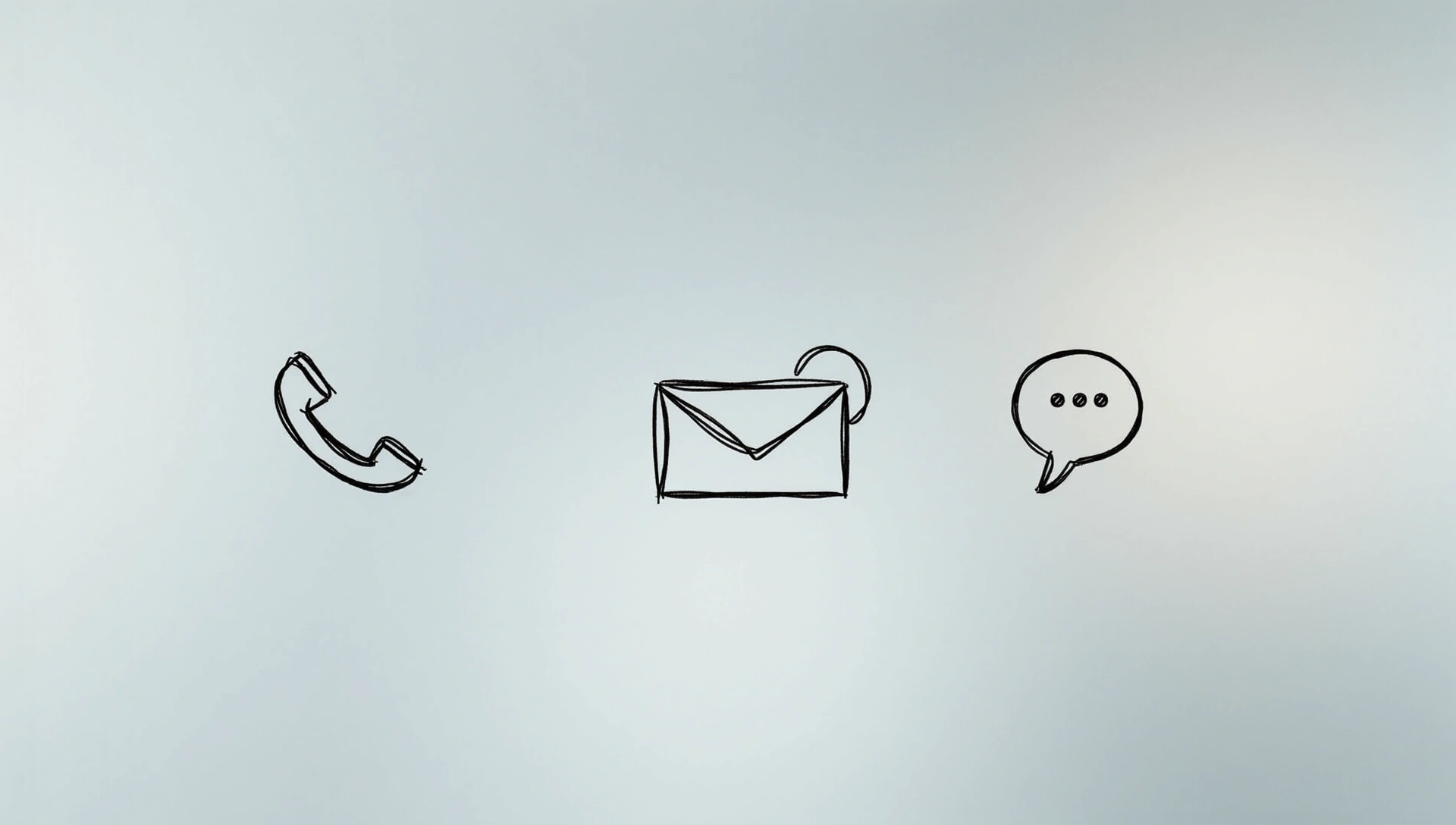Minimalist communication symbols: phone, email icon, chat bubble