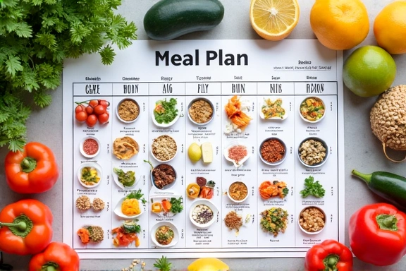 A variety of colorful, healthy meals arranged on a weekly meal plan chart with fresh ingredients nearby.