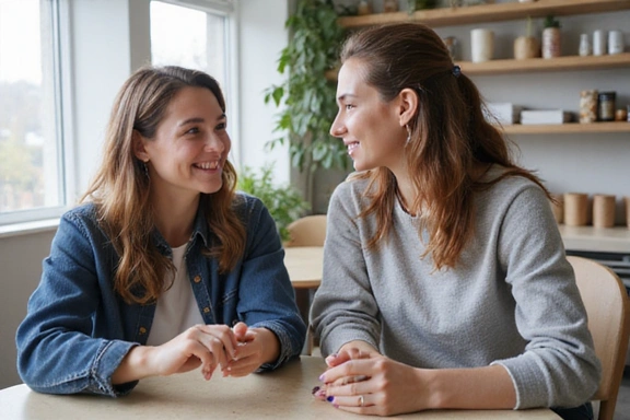 A supportive coach and a client smiling during a coaching session, indicating motivation and continuous guidance.
