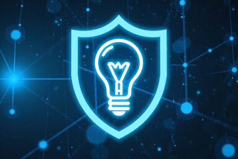 A stylized icon representing intellectual property, such as a lightbulb with a shield, in a digital environment.