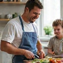 A father and child preparing a healthy meal together.